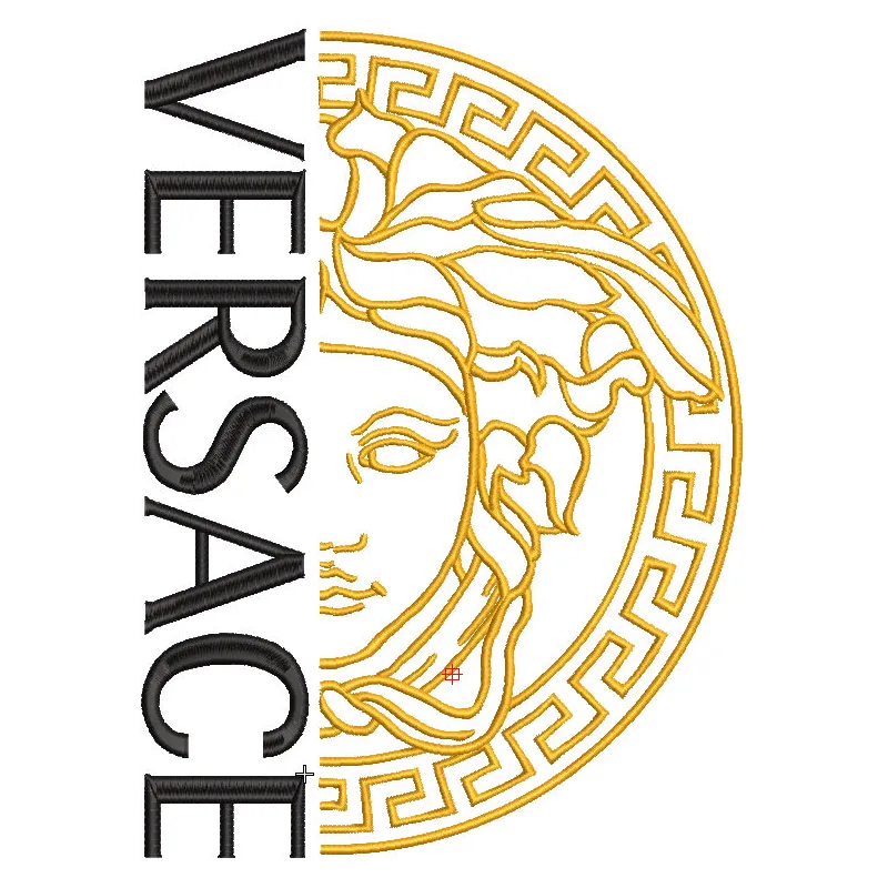 Close-up of Versace gold and black logo embroidery design on a stylish fabric, showcasing intricate detailing.