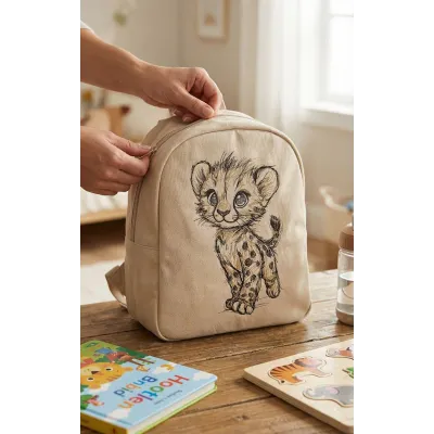 Nursery bag with Walking jaguar cub sketch embroidery design