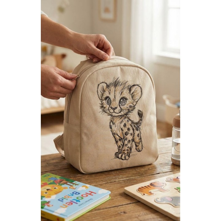 Nursery bag with Walking jaguar cub sketch embroidery design
