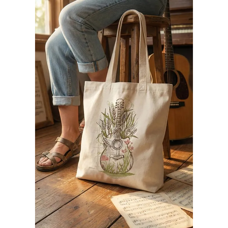 embroidered bag with guitar design
