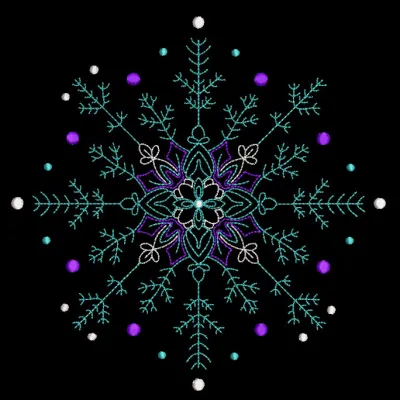 Snowflake Winter ornament embroidery design featuring intricate snowflake patterns on a delicate doily.