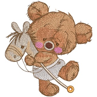 Teddy bear with horse on a stick embroidery design