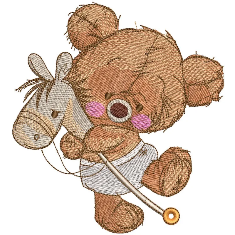 Teddy bear with horse on a stick embroidery design