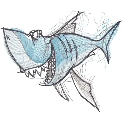 Funny shark sketch embroidery design featuring a whimsical shark illustration with playful details.