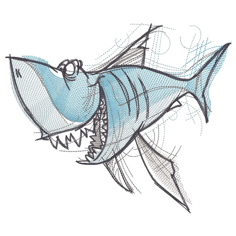 Funny shark sketch embroidery design featuring a whimsical shark illustration with playful details.