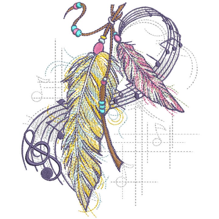 Wind music and feathers embroidery design
