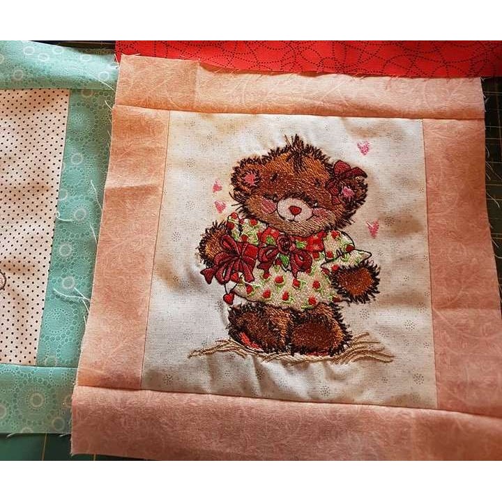 quilt block with cute bear girl embroidery design