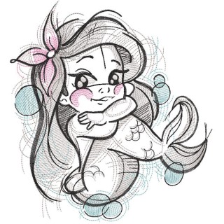 Cute mermaid sketch style embroidery design - Embroidery Design