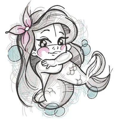 Cute mermaid sketch style embroidery design featuring a whimsical mermaid in flowing hair and delicate details.