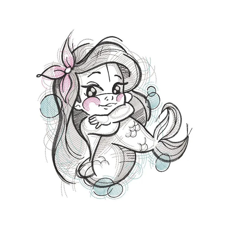 Cute mermaid sketch style embroidery design featuring a whimsical mermaid in flowing hair and delicate details.