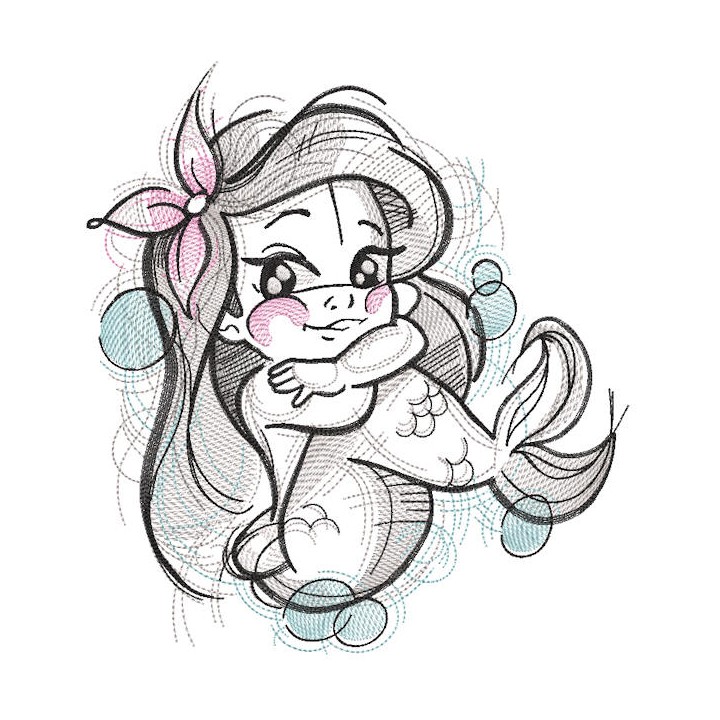 Cute mermaid sketch style embroidery design - Embroidery Design
