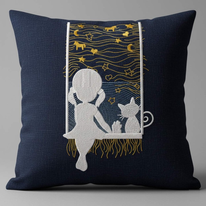 Embroidery design featuring a night story theme with a girl and her cat, perfect for baby items.