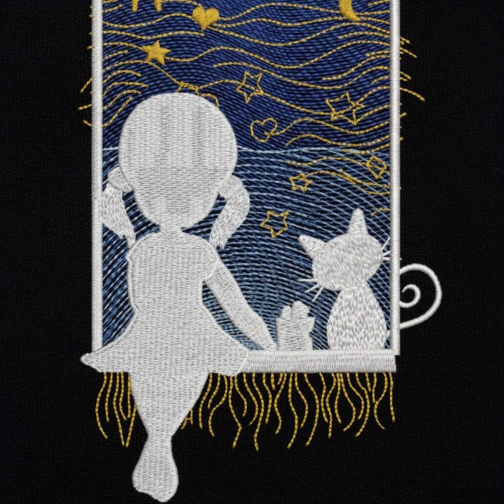Night story for girl and cat embroidery design