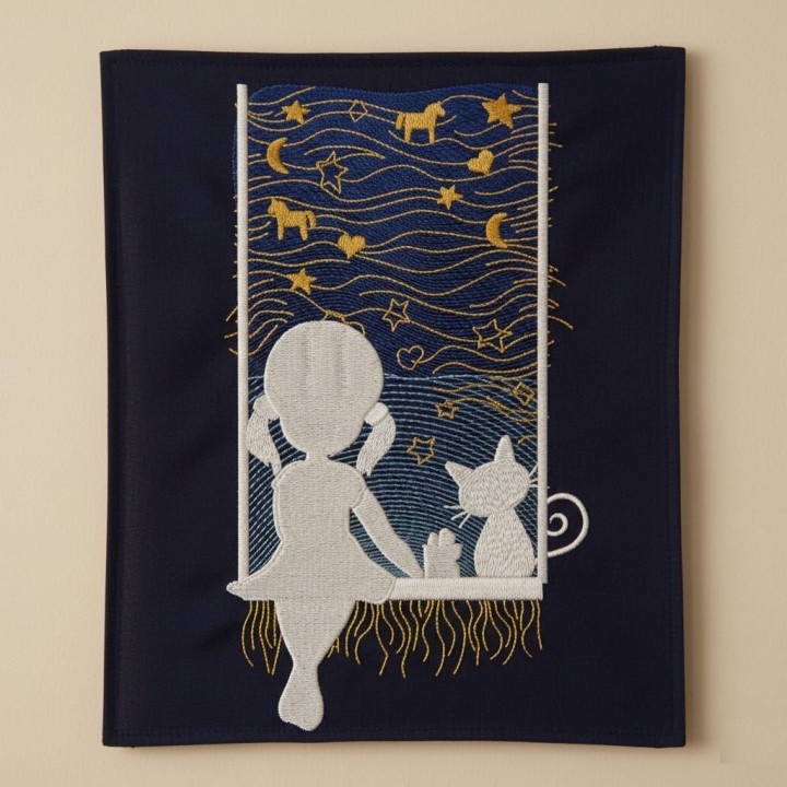 Panel with Night story for girl and cat embroidery design