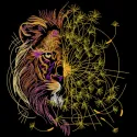 Lion chamomile black background embroidery design featuring intricate detailing of a lion surrounded by chamomile flowers.