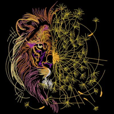 Lion chamomile black background embroidery design featuring intricate detailing of a lion surrounded by chamomile flowers.