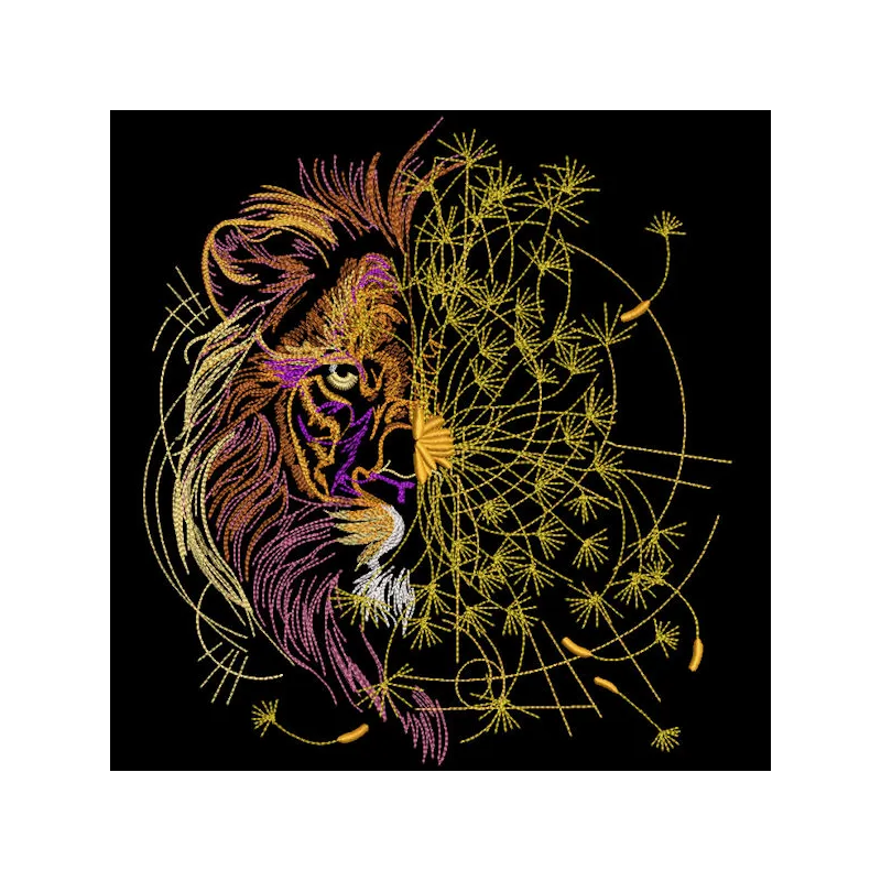 Lion chamomile black background embroidery design featuring intricate detailing of a lion surrounded by chamomile flowers.