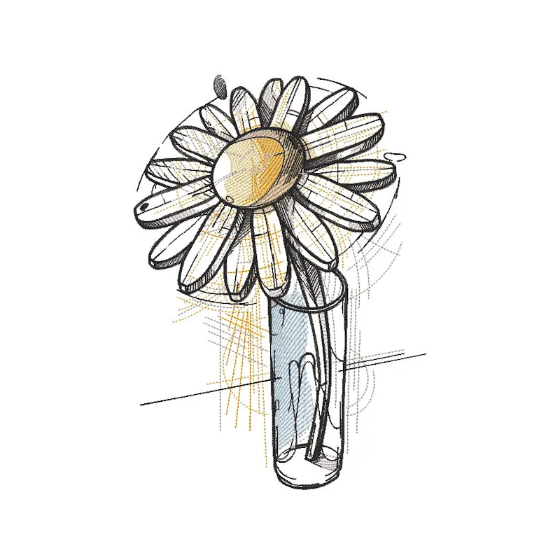 Wooden chamomile in a glass embroidery design featuring delicate floral patterns and natural textures.