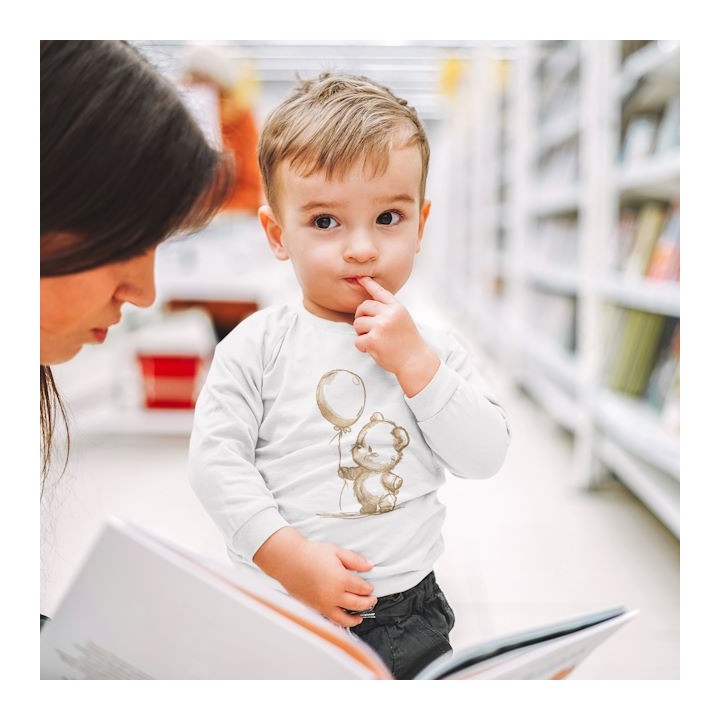 long sleeve tee with bear balloon embroidery design of a sweet toddler