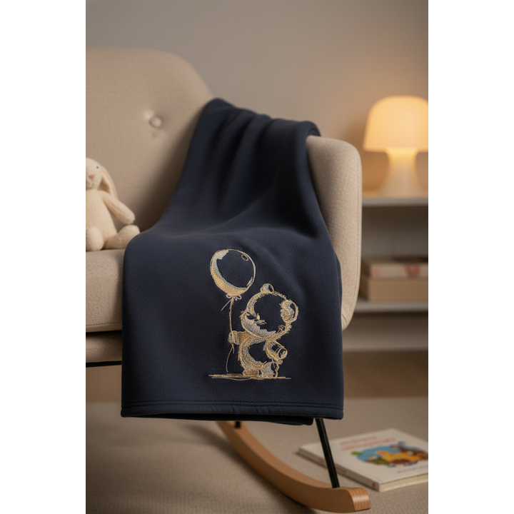 Brown sketch embroidery design of a teddy bear holding a colorful balloon, showcasing a playful and whimsical style.