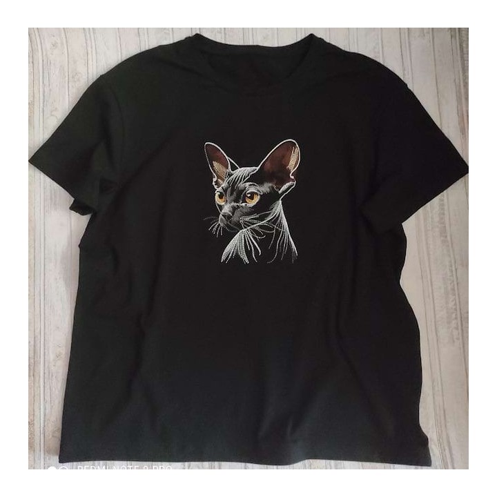 Black t-shirt with Sphynx cat embroidery design