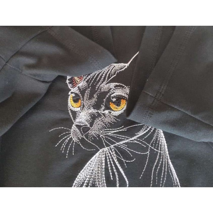 Shirt with Sphynx cat black background embroidery design