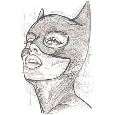 Detailed Catwoman art sketch embroidery design featuring her iconic mask and silhouette in a dynamic pose.