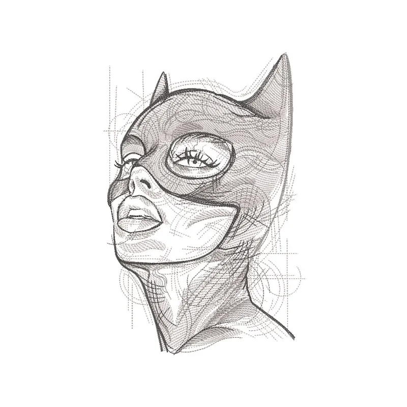 Detailed Catwoman art sketch embroidery design featuring her iconic mask and silhouette in a dynamic pose.