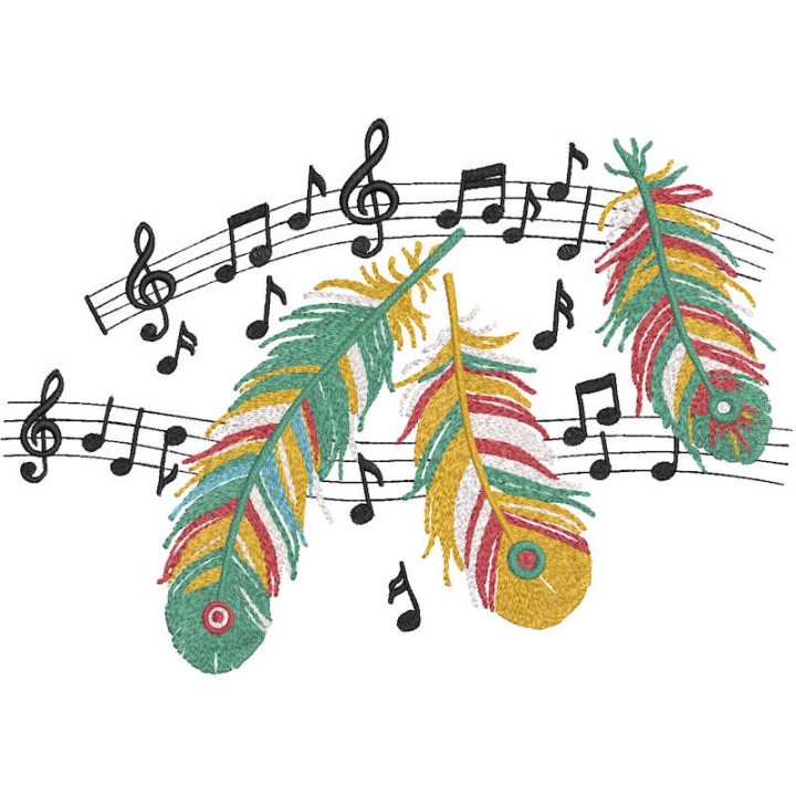 Feathers and notes embroidery design
