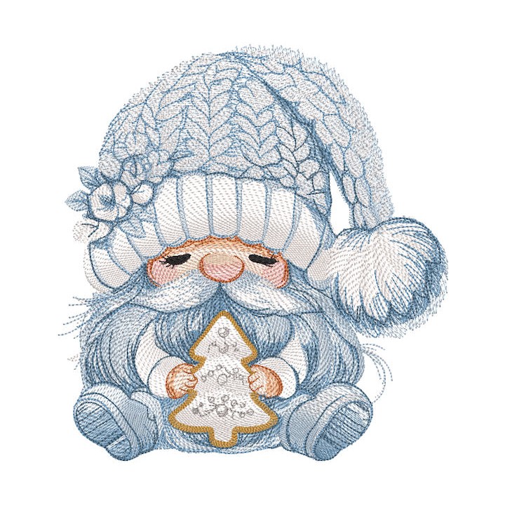 Snow gnome with Christmas tree toy embroidery design, featuring a cheerful gnome and colorful tree decorations.