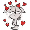 Snoopy Raining Hearts embroidery design featuring Snoopy with hearts falling around him, colorful and playful.