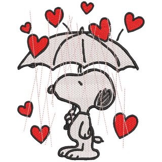 Snoopy Raining Hearts embroidery design featuring Snoopy with hearts falling around him, colorful and playful.