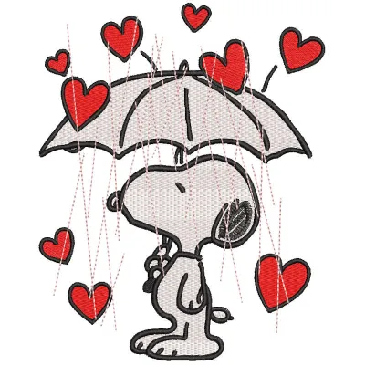 Snoopy Raining Hearts embroidery design featuring Snoopy with hearts falling around him, colorful and playful.