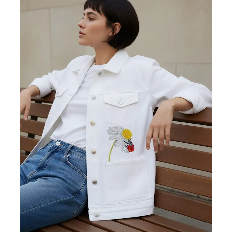 Ladybug on chamomile embroidery design preview, showcasing vibrant colors and detailed stitching.