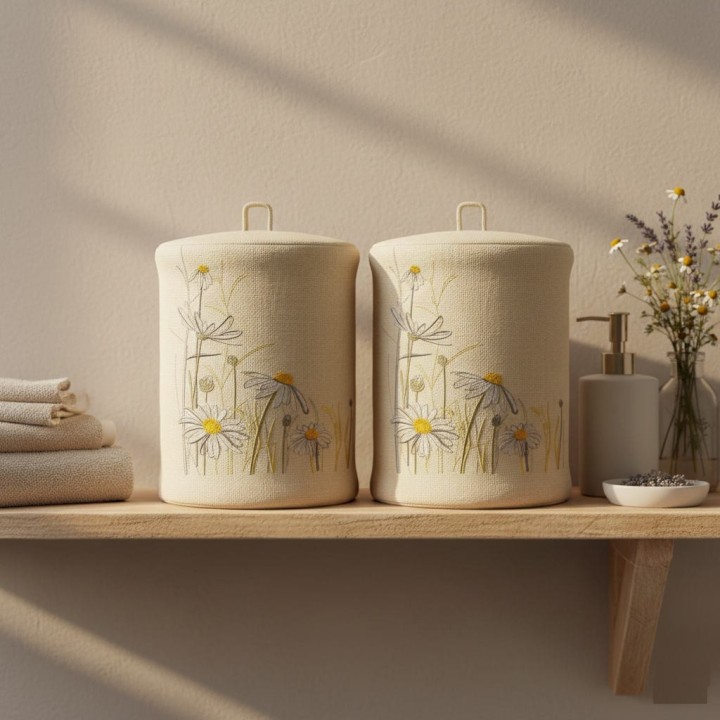 Closeup of chamomile meadow embroidery design featuring delicate floral motifs for creative stitching projects.