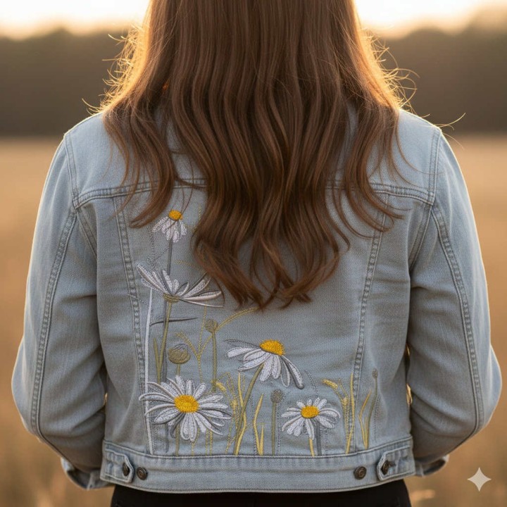 Chamomile meadow embroidery design preview showcasing delicate floral motifs for creative stitching projects.