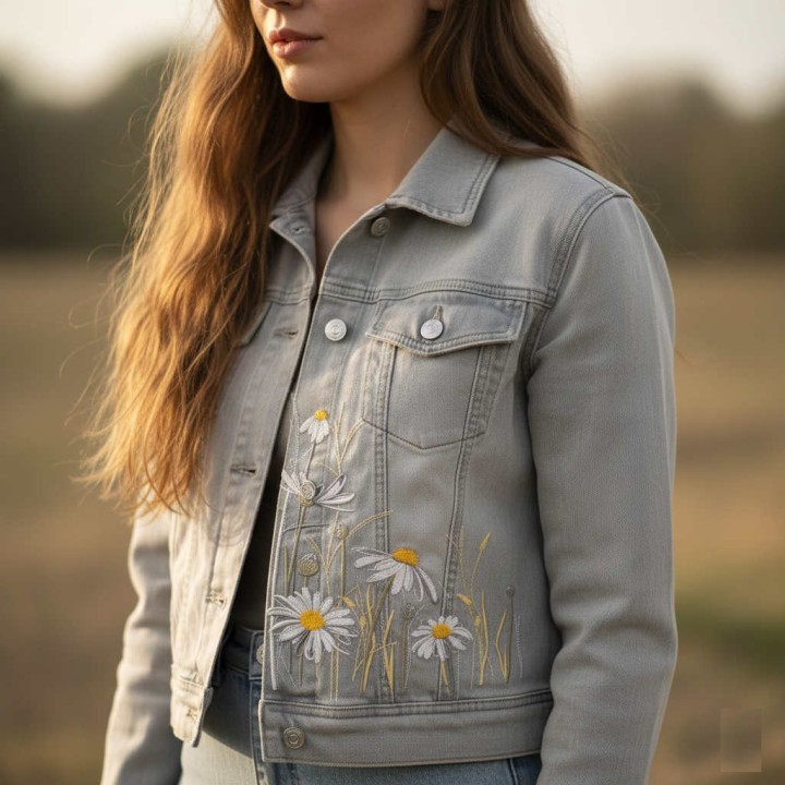 Chamomile meadow embroidery design showcasing delicate flowers, perfect for enhancing tote bags and home decor.