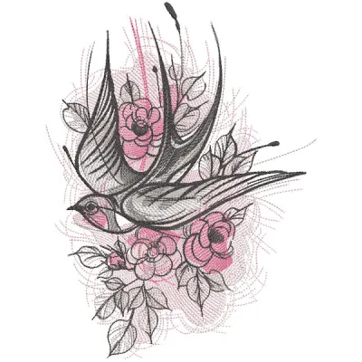 Intricate swallow in the garden embroidery design showcasing detailed floral patterns and vibrant colors.