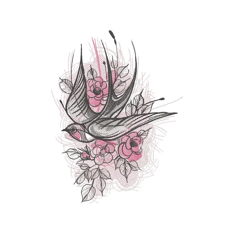 Intricate swallow in the garden embroidery design showcasing detailed floral patterns and vibrant colors.