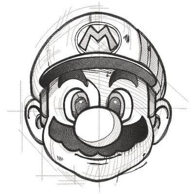 Super Mario art sketch embroidery design featuring iconic characters in a vibrant, detailed illustration.