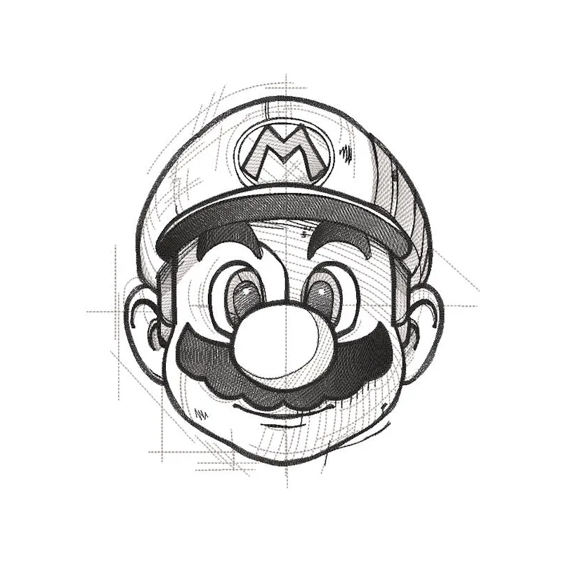Super Mario art sketch embroidery design featuring iconic characters in a vibrant, detailed illustration.