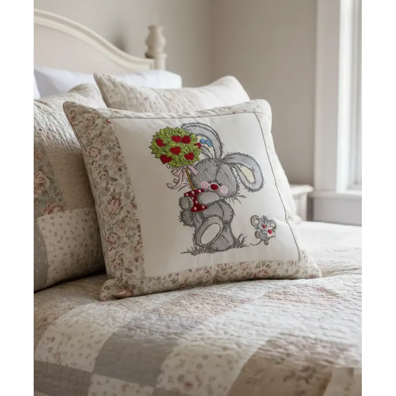 Closeup of Bunny and Mousekin Valentine's Day embroidery design, featuring charming stitched motifs for festive projects.