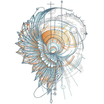 Intricate shell and feathers embroidery design on a decorative ornament, showcasing detailed craftsmanship.