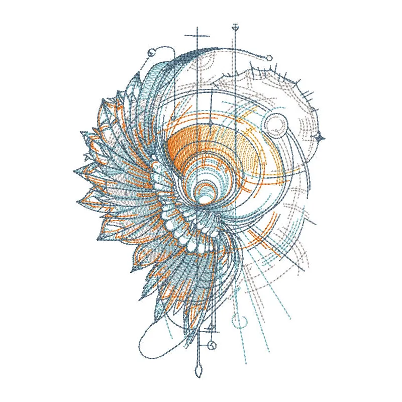 Intricate shell and feathers embroidery design on a decorative ornament, showcasing detailed craftsmanship.