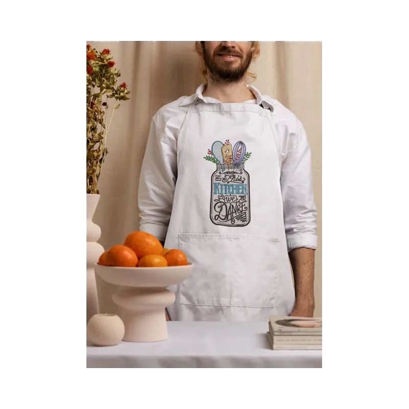 Closeup of 'In This Kitchen We Dance' embroidery design, showcasing intricate details for kitchen decor.