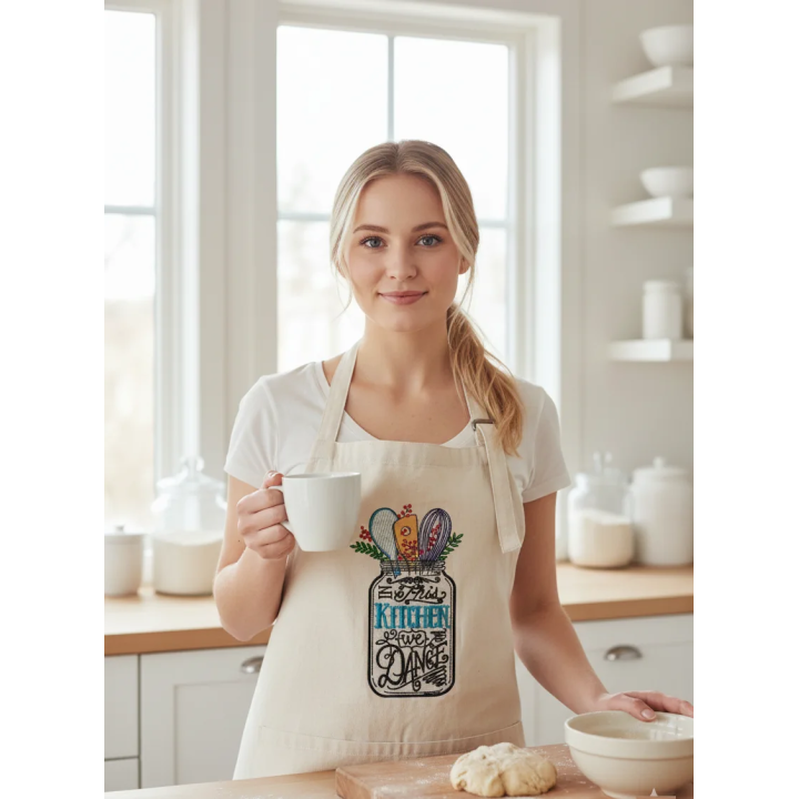 Preview of 'In This Kitchen We Dance' embroidery design featuring a lively kitchen scene with dancing utensils.