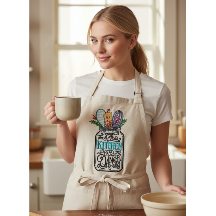 Preview of 'In This Kitchen We Dance' embroidery design, showcasing a playful kitchen-themed stitched motif.