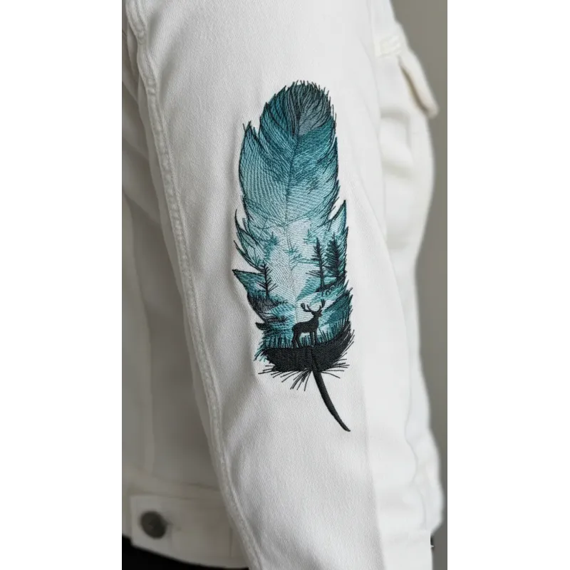 Closeup of the Feather Night Forest embroidery design showcasing intricate feather details for stitching.