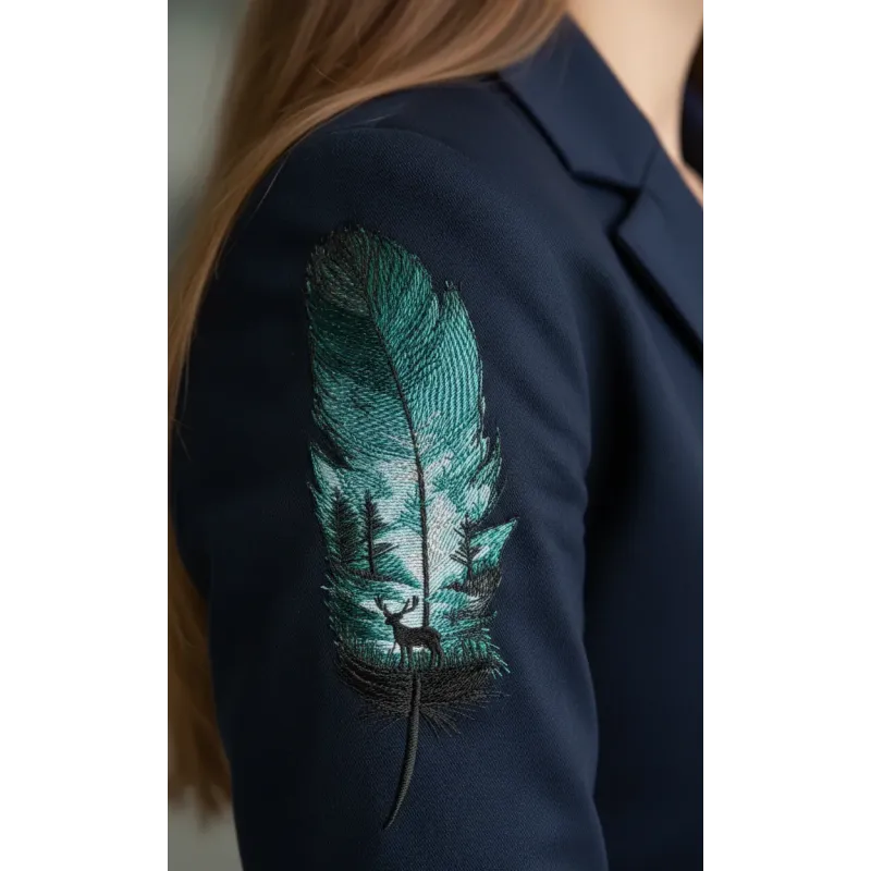 Closeup of the Feather Night Forest embroidery design showcasing intricate feather details for creative projects.