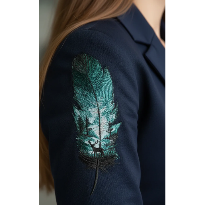 Closeup of the Feather Night Forest embroidery design showcasing intricate feather details for creative projects.